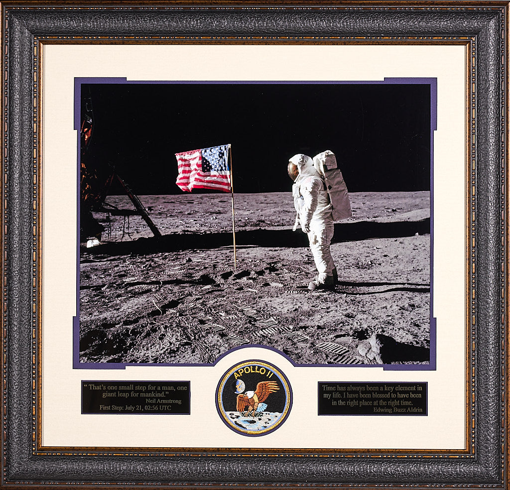 Apollo 11 Badge And Color Photo Of Neil Armstong Saluting The Us Flag 