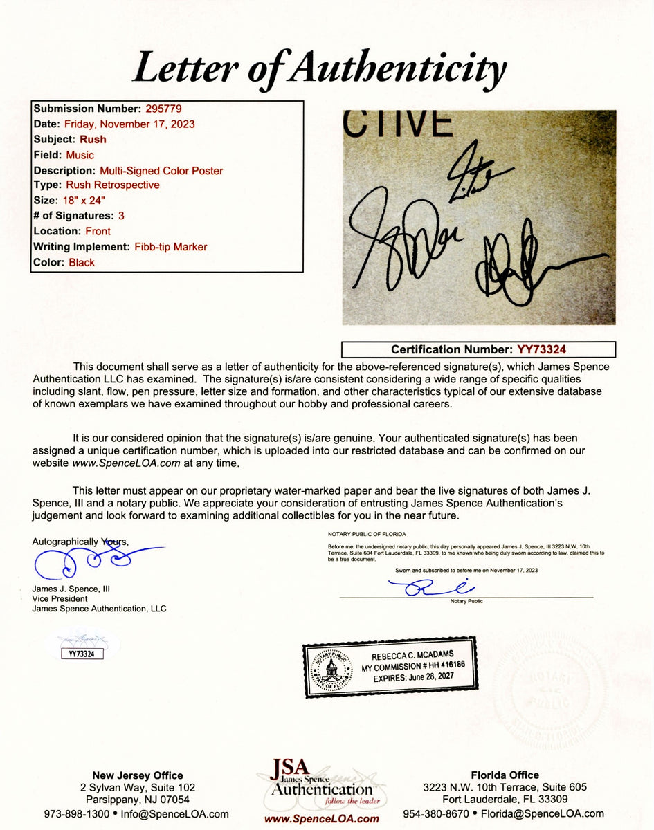 Rush with Three JSA Authentication Signatures – Millionaire Gallery