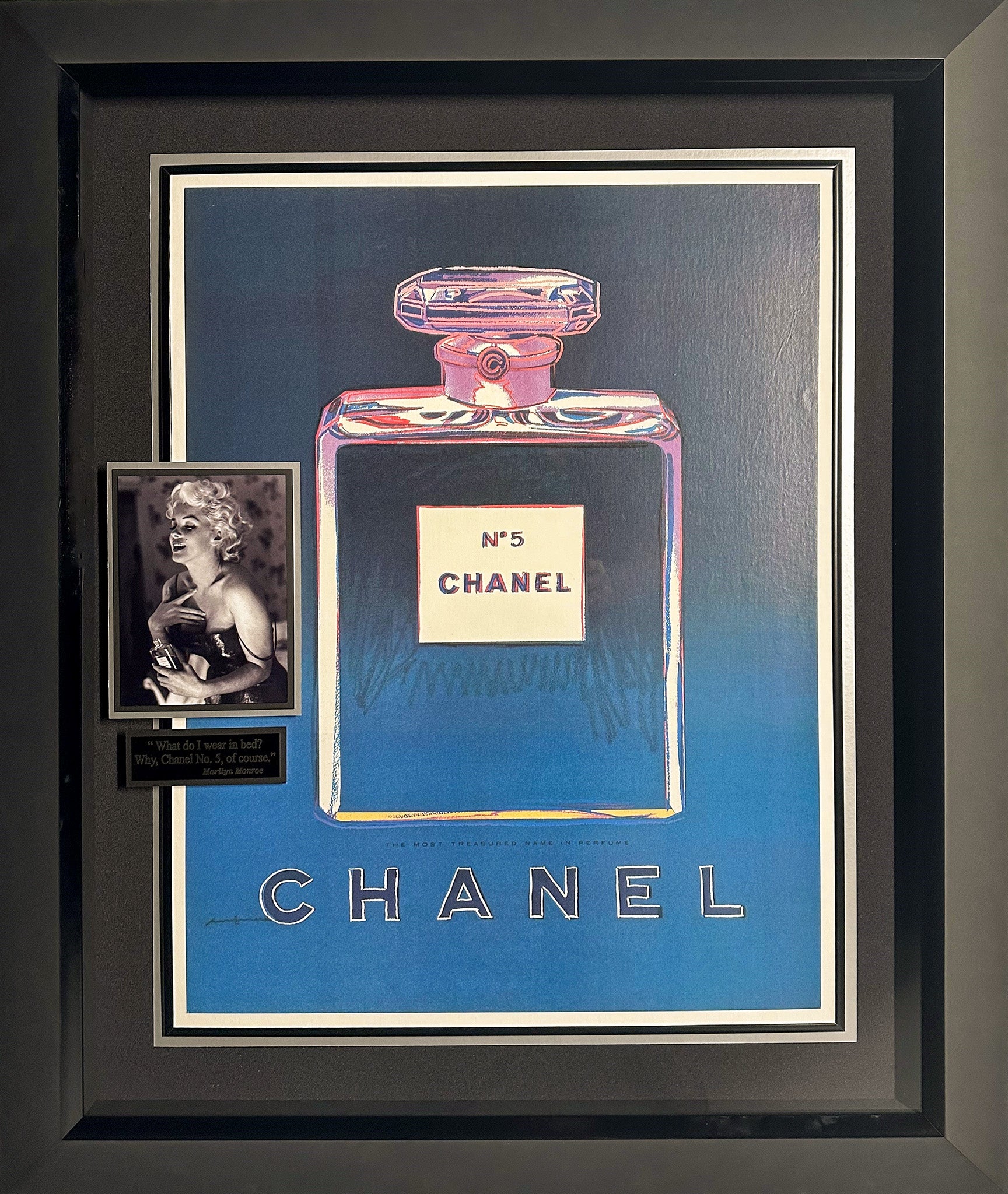 Andy Warhol Blue Print of Chanel No 5 with B W Photo of Marilyn Monroe Millionaire Gallery