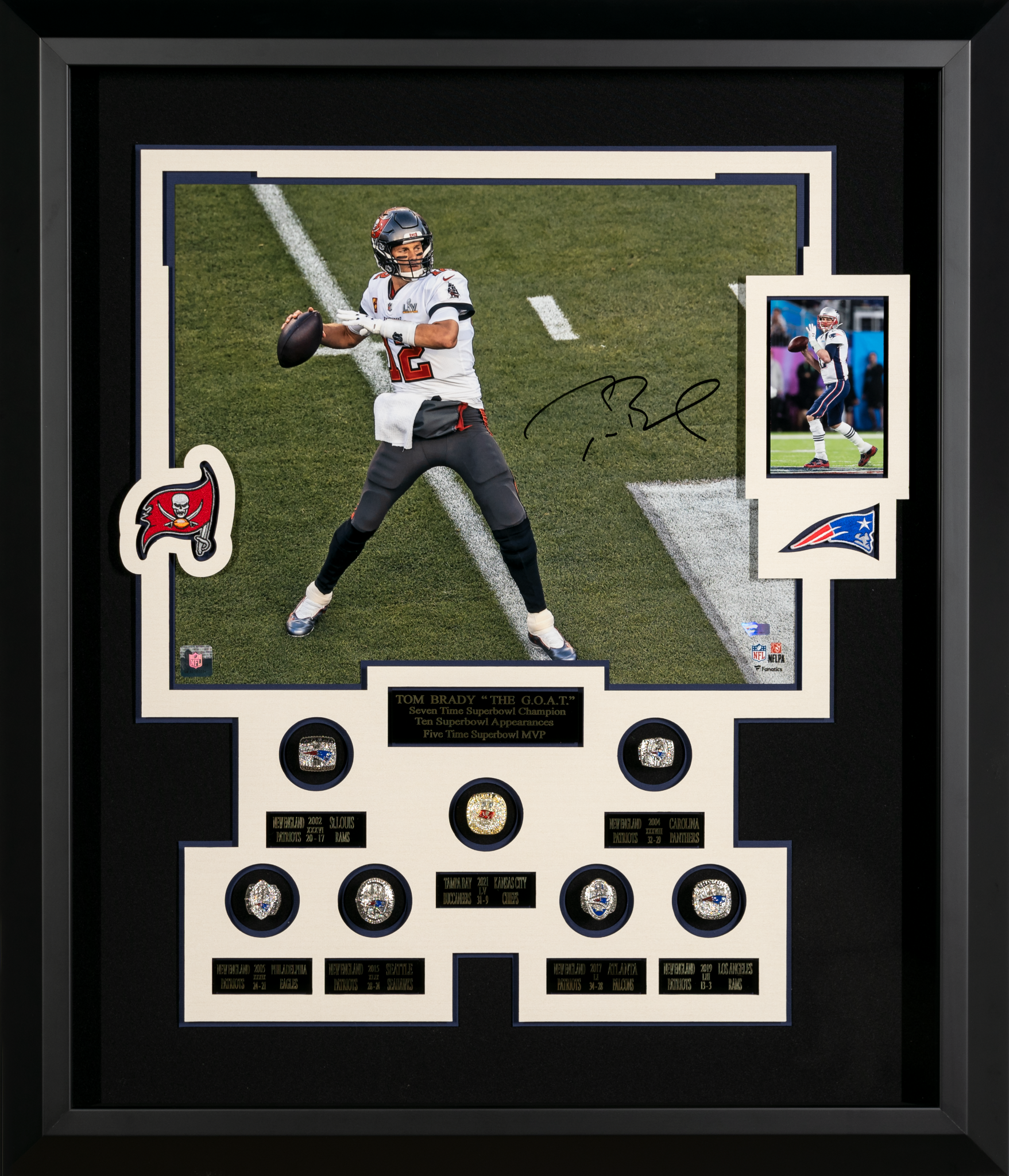 Tom Brady Framed Photo 7 Championship Rings SHADOWBOX BUCS & PATS